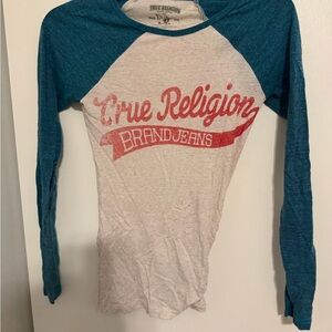 True Religion Women’s Long Sleeve Tee - Teal and Cream